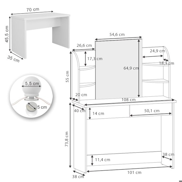 Vicco Charlotte peilipöytä, valkoinen/Sonoma, 108 cm, LED-valaistus ja penkki Vit/Sonoma, Sonoma