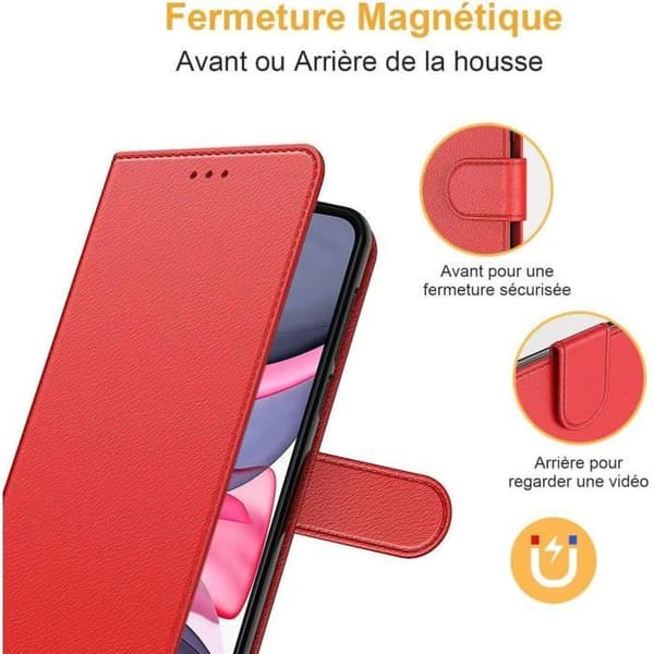 Etui - NEW&TECK - iPhone 12 Mini (5.4\") - Mikrofiberlæder - Magnetisk lukning - Rød