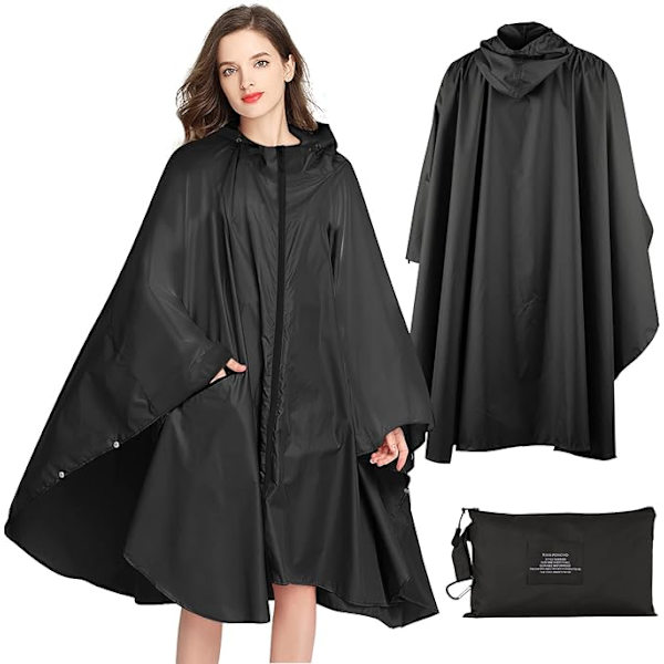 Regnkappa Kompatibel med Kvinnor, Lång Regnponcho, Vattentätt Regnkläder, Regnjacka, Vindtätt Regnskydd, Regnkappa, Regnkläder med Ficklock black