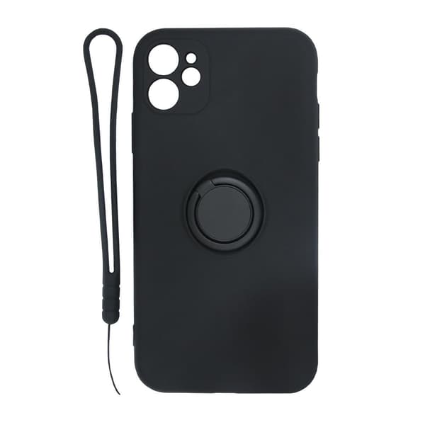 iPhone 11 Silikondeksel med Ringholder og Håndstropp - Svart