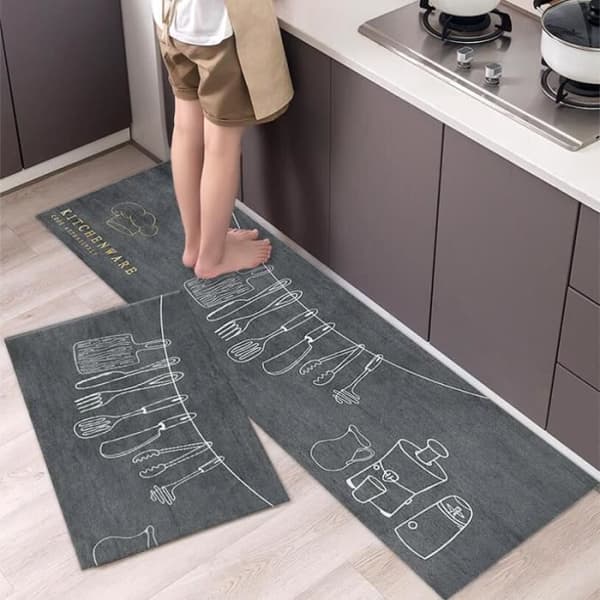 Set med 2 köksmattor - 40 x 60 cm och 40 x 120 cm - Grå - Halkfri - Rektangulär - Golvmattor för vardagsrum/sovrum