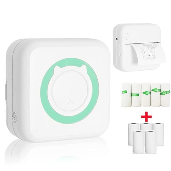Mini termoprinter - ZGEER - Kompatibel med Android/iOS - 5 klistermærkeruller - 5 papirruller - Grøn