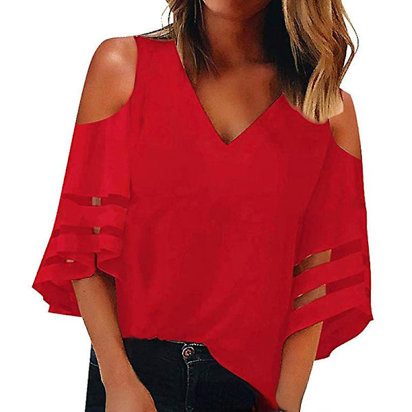 T-shirt dam sommartoppar 2022 v-ringad off-the-shoulder avskurna mesh