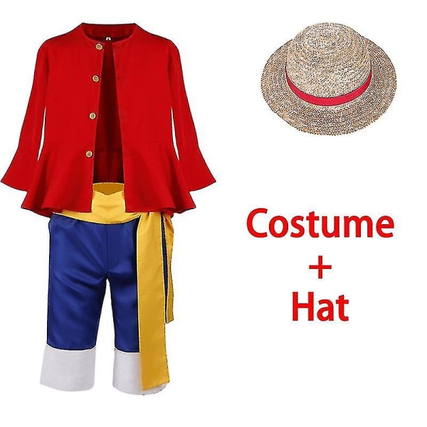 Luffy Cosplay Dräkt Anime Monkey D Luffy Cosplay Uniform Hatt Halloween Kostym För Män Pojkar Barn