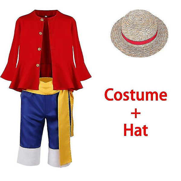 Luffy Cosplay Dräkt Anime Monkey D Luffy Cosplay Uniform Hatt Halloween Kostym För Män Pojkar Barn