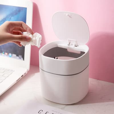 Mini Trash Can Desktop Trash Can with Lid Small Button, White