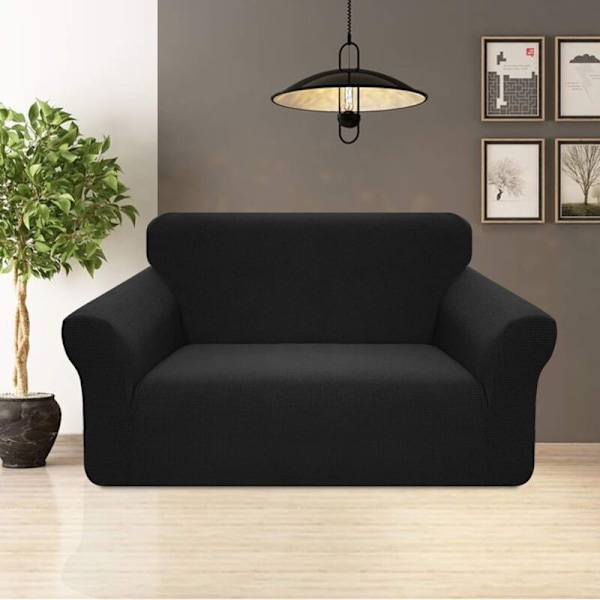 Stretchigt sofföverdrag, vattentätt och reptåligt för 2-sits soffa, elegant mönster med halkfria skumstavar (2-sits soffa, svart) KLB