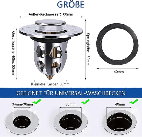 Sæt med 2 vaskepropper, pop-up, til håndvask, badekar, med si/anti-tilstopningsfilter, til køkken (34 til 40 mm)