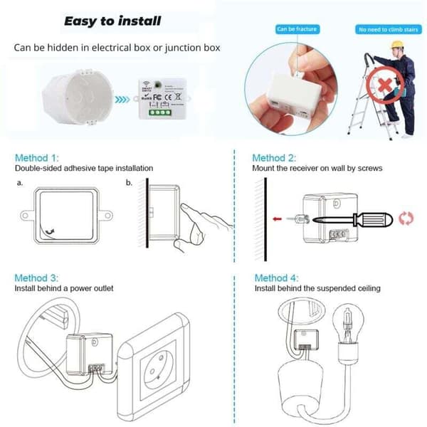 Wireless Light Switch, RF Transmitter Security Switch and 10A Receiver Controller, Easy Installation for Lamp up to 1500W