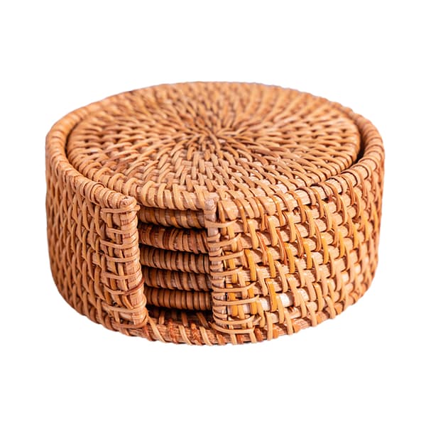 Rattan Coasters with Holder Storage Box Handmade Teacup Round Edge Coasters for Kitchen Table Drinks Crafts 8CM