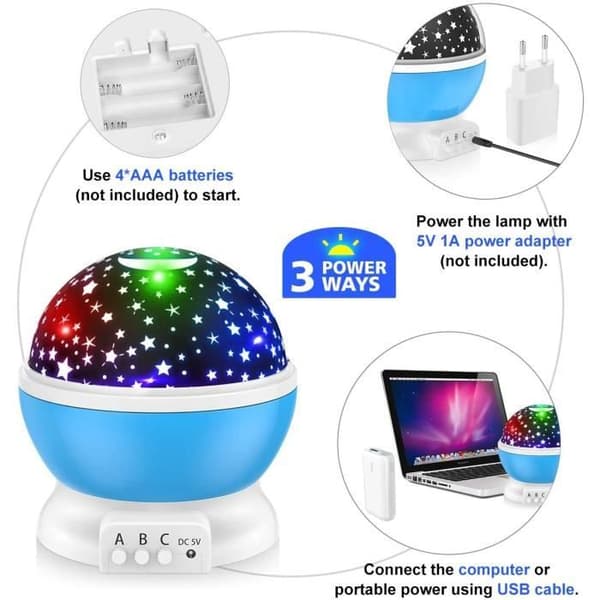 Børnenatlampe Stjerneprojektion 360° Roterende Lampe - Blå