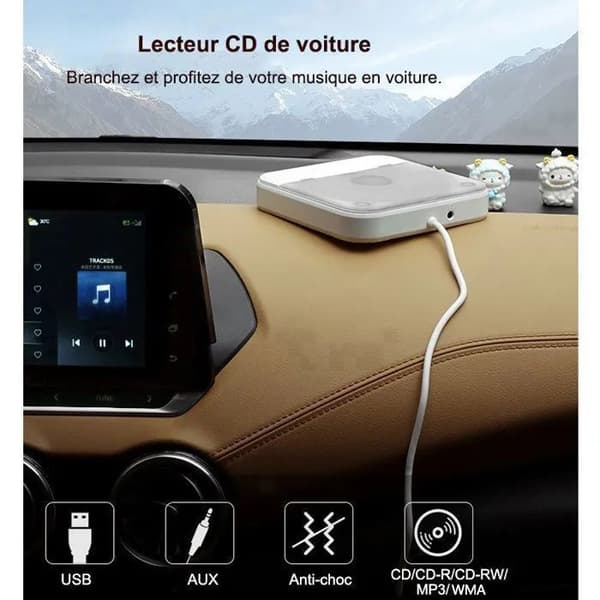 Bil CD-afspiller - Universal ekstern bil CD-afspiller - AUX/USB-interface - HiFi - 133 x 25 mm, hvid