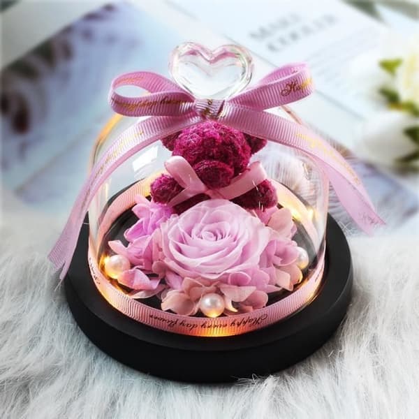 Pyntegenstand - Mini Bjørn08 - Bamse - Pink - Tørrede blomster - Glas kuppel
