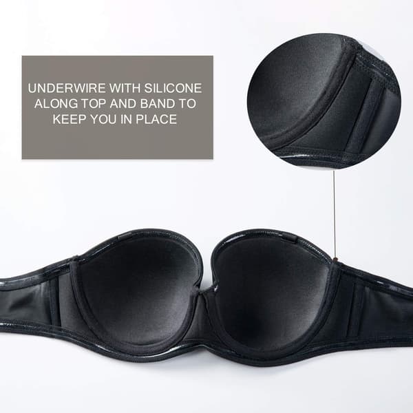 Kvinders stropløse BH Push Up til større barm Multiway Bøjle Glat Bandeau BH (Sort, 80D) 80D