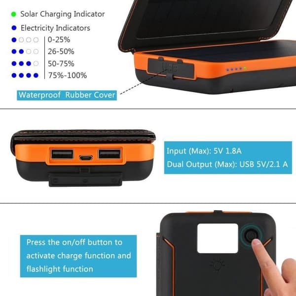 Trådløs solcellelader 3 paneler 24000mAh, dobbel USB høy energikonvertering bærbar strømbank med LED for iPhone, Android