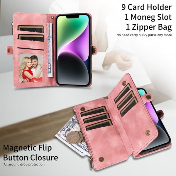 iPhone 15 Plus Deksel RFID Multifunksjonell Multi-Kort Rosa