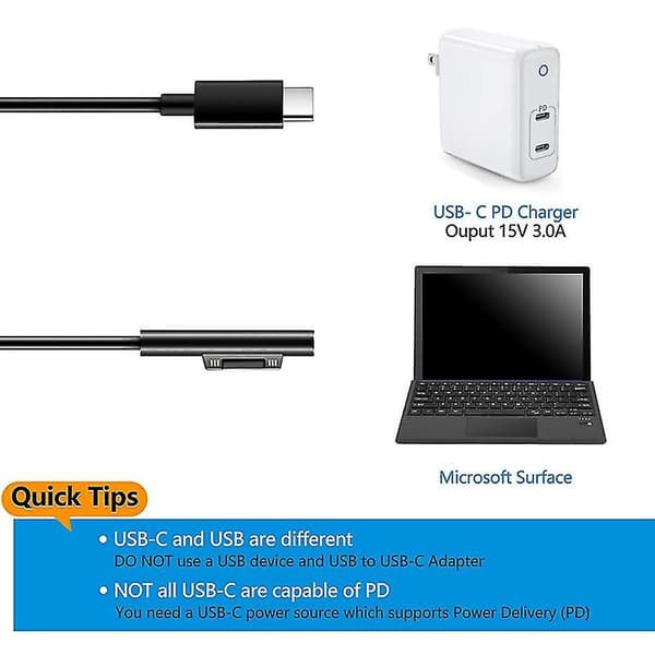 For Surface Connect til USB C ladekabel kompatibel for Surface Pro 3/4/5/6/7, Surface Laptop 3/