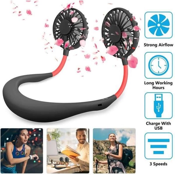 Mini USB Genopladelig Halsventilator til Udendørs Aktiviteter - Sort
