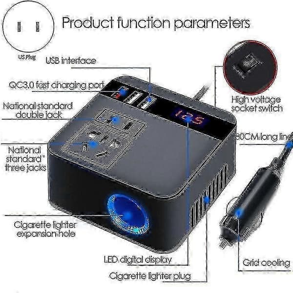 Strømomformer 300w 12v 24v DC til AC-omformer med 3 USB hurtiglading for bilcamping utendørs bruk