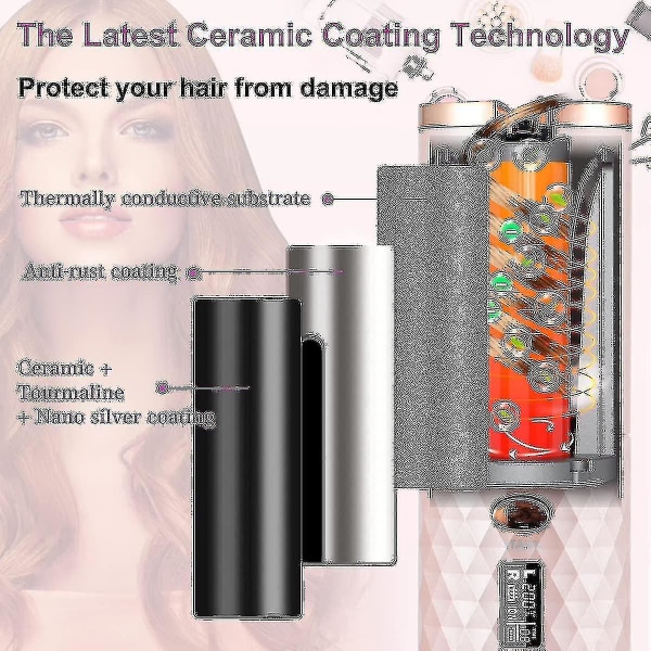 Trådlöst automatiskt lockverktyg för hår Bärbar sladdlös curler järnstav med LCD-färgrosa