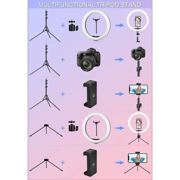 Ringlys med stativ, 26 cm Selfie-ringlys, justerbart LED-ringlys (total høyde: 210 cm)