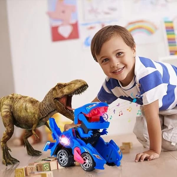 Transformerende dinosaurbil-leker – 2-i-1 dinosaurbil med lys og lyd – For alderen 3-7 år – Gave til gutter (blå)