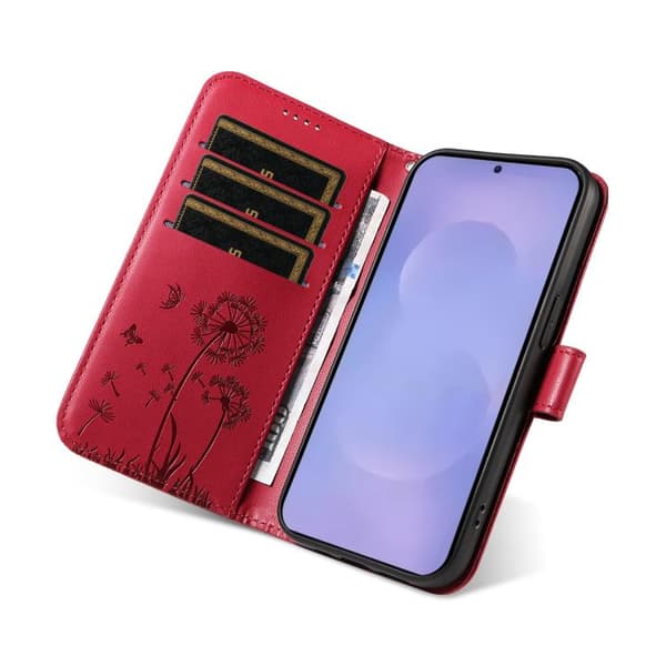Samsung Galaxy S26 5G Case with Dandelion Embossing - Leather Flip Case Röd