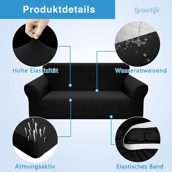Stretchigt sofföverdrag, vattentätt och reptåligt för 2-sits soffa, elegant mönster med halkfria skumstavar (2-sits soffa, svart) KLB
