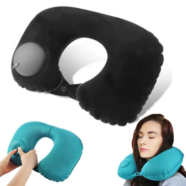 Uppblåsbar resekudde med pump, kompatibel med flygresor, svart black one size