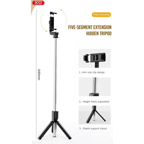 Tripod Selfie Stick / Mobilholder Bluetooth med Fjernbetjening Black Svart