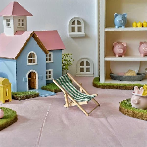 Mini strandstol i trä, set om 11 cm, hopfällbar för dockhus, utomhusscendekoration
