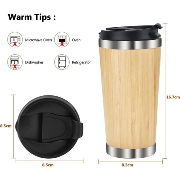 Kaffemugg - ZGEER - 450ML - Rostfritt stål - Bambu - Termiskt isolerad