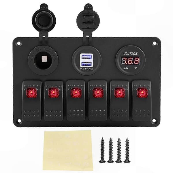 6-gangs LED-vippekontaktpanel med dobbelte USB-porte og voltmeter til biler og både udgave 0909 5 5