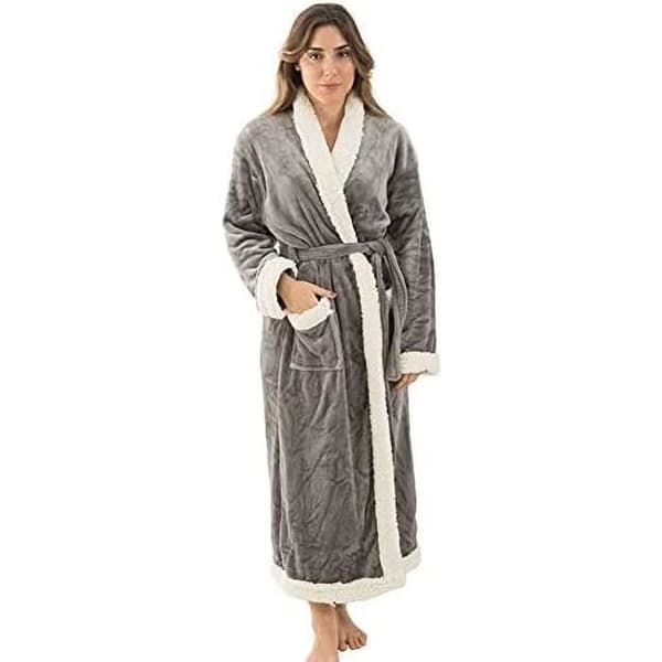 Badekåbe til kvinder - Grå - Lang Vinter - Tyk Flannel - Dybe Lommer - Blød og Varm