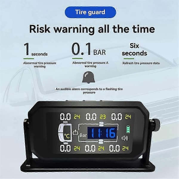 Bil Husbil Lastbil Tpms 6 Hjul Sensor Solcell Däcktrycksövervakningssystem Temperatur Klocka Tryck