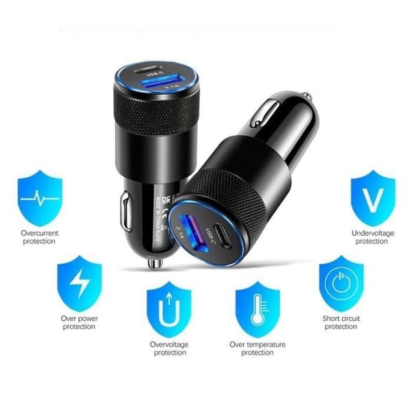 USB Typ-C Billaddare - RoHS-kompatibel - Dubbla portar - Universal - Svart