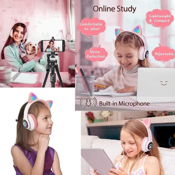 Børnehovedtelefoner - LED - Bluetooth - Pink - Støjbeskyttelse - Genopladelige