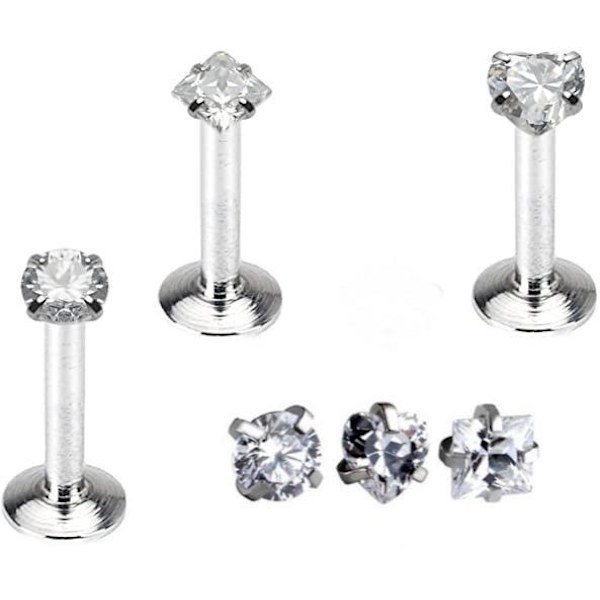 3 st Labret med sten, Kirurgiskt stål. Längd:8mm