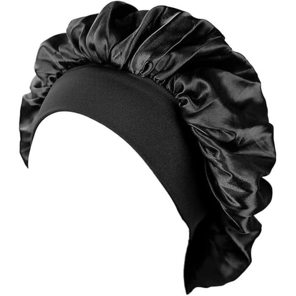 XJYDNCG 2 stk. satin hårhætte, elastisk nathue, justerbar nathue til kvinder - sort+pink