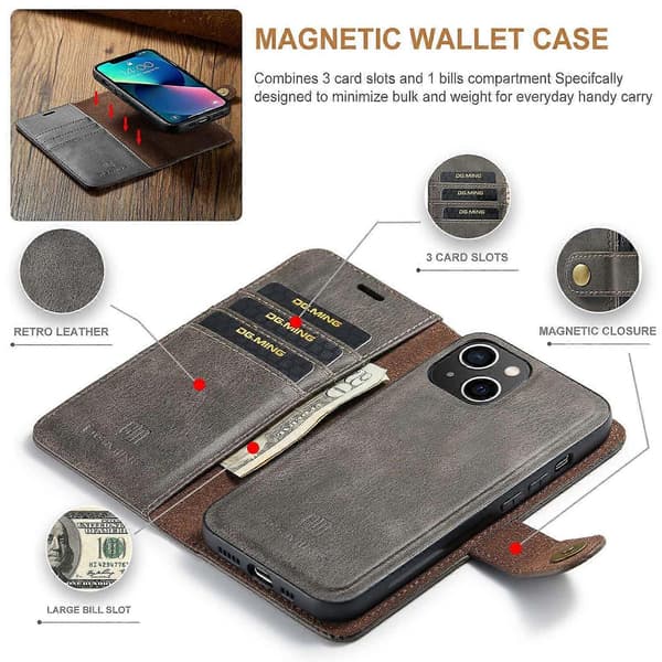 DG.MING For iPhone 15 Anti-Scratch Split Leather Lommebok Stativdeksel Avtakbart Magnetisk Telefondeksel S Grey Grey