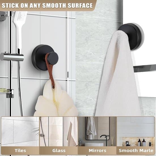 Suction Cup Hooks - 4 Pack - Towel Hooks - for Windows, Glass, Bathroom, Kitchen - Black