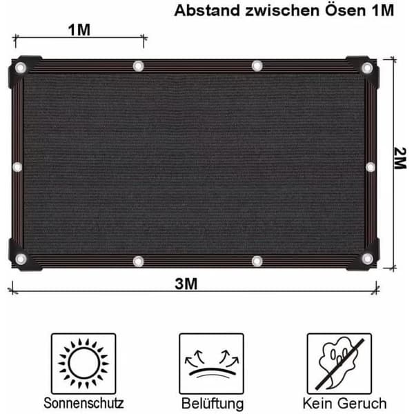 Solsejl - 3 x 6 m - 90% skygge - UV-beskyttelse - Sort