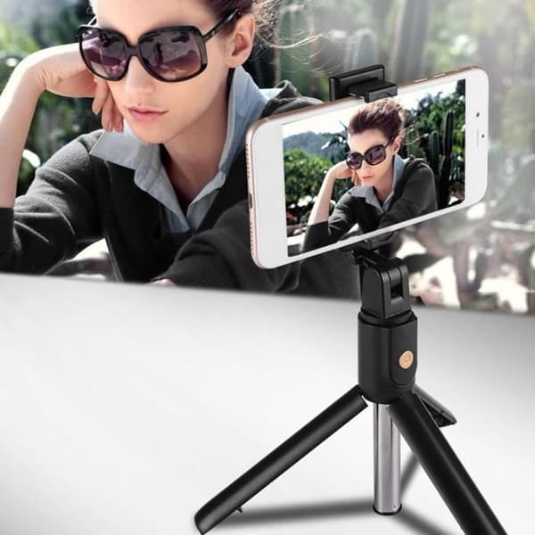 2-i-1 Selfie Stick Stativ - LAT - K07 - Bluetooth Fjärrkontroll - iOS/Android Kompatibel - Svart