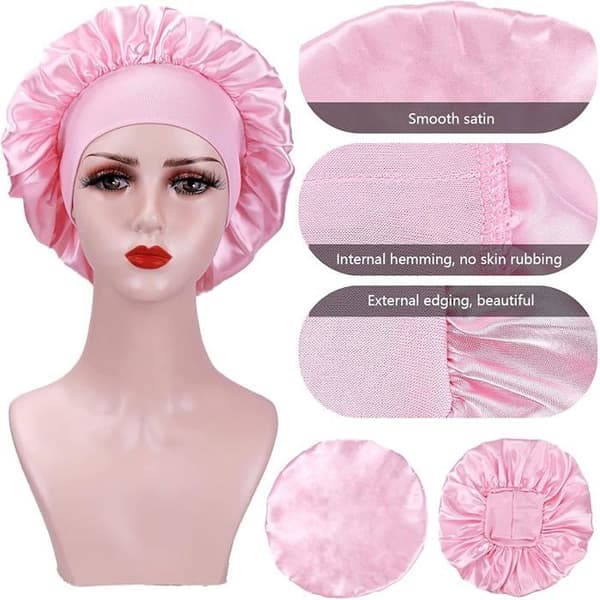 XJYDNCG 2 stk. satin hårhætte, elastisk nathue, justerbar nathue til kvinder - sort+pink