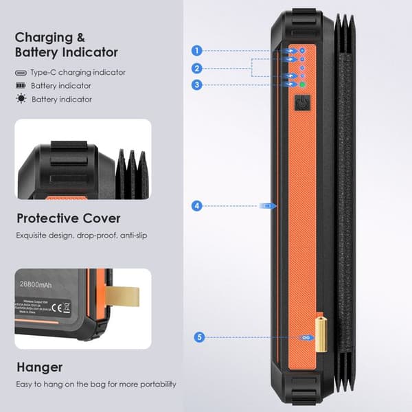 TTLIFE Solcelle Powerbank - 26800 mAh - Hurtiglading - 4 Solcellepaneler - Bærbar
