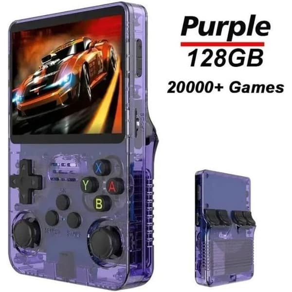 Bærbar konsol - R36S - Lilla - 3,5\" IPS - 20.000 spil - Dobbelte 3D-joysticks