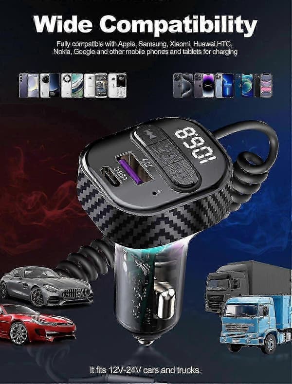 Bluetooth 5.3 Bil FM-sändare, 30W PD Typ-C Spiralkabel, Handsfree-samtal, CVC Brusreducering, Stöd för U-disk, 7-färgs LED för Bilar, SUV:ar