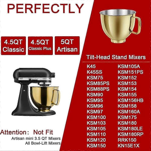Guld 5 QT røreskål i rustfrit stål til KitchenAid standmixer