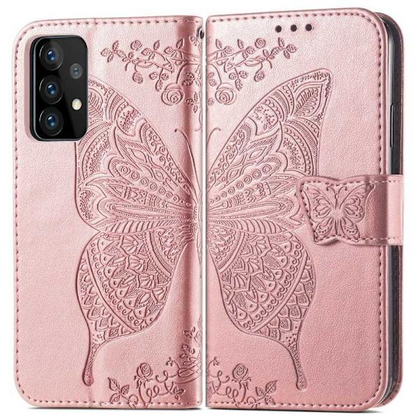 Yhteensopiva Samsung A52/A52s 4G/5G lompakkokotelon kanssa PU-nahka 4-LOKEROINEN Motive Butterfly Pink gold Rosa guld