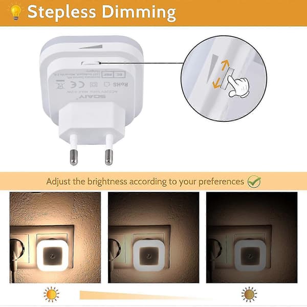 4 stk. LED automatisk natlys, natlys med natlyssensor, LED justerbart lys, LED statisk stik